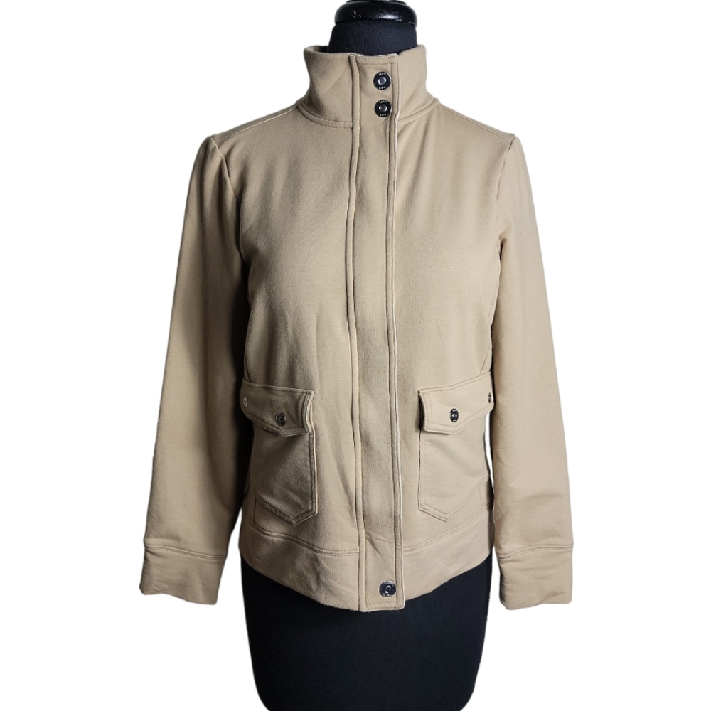 L-RL Lauren Active Ralph Lauren tan zip snap mock neck jacket women size medium